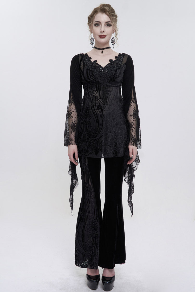 Beaded Lace Floral Gothic Tee with Flared Cuffs