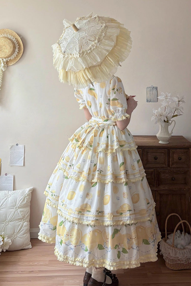 Ivory Triple-Layered Print Ruffle Bow Lace Gorgeous Dress