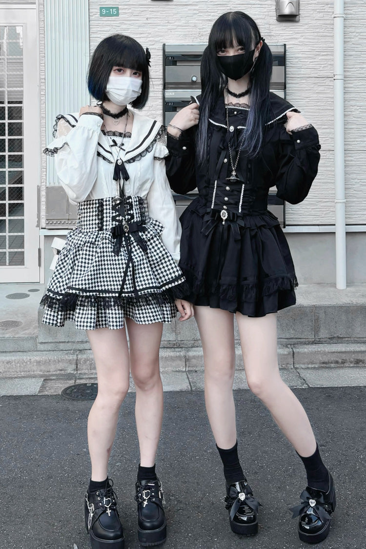 Black Ruffle Bowknot Lace Lace-Up Pearl Jirai Kei Japanese Skirt
