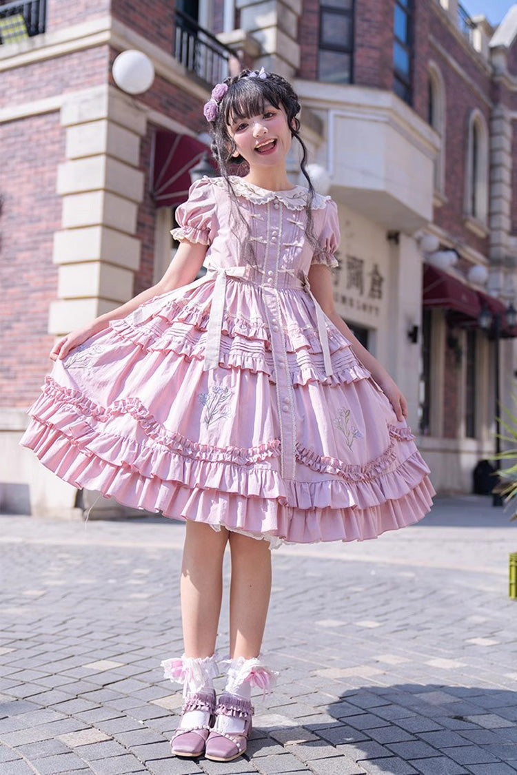 Pink Iris-Print Ruffled Dress with Short Sleeves and Embroidery