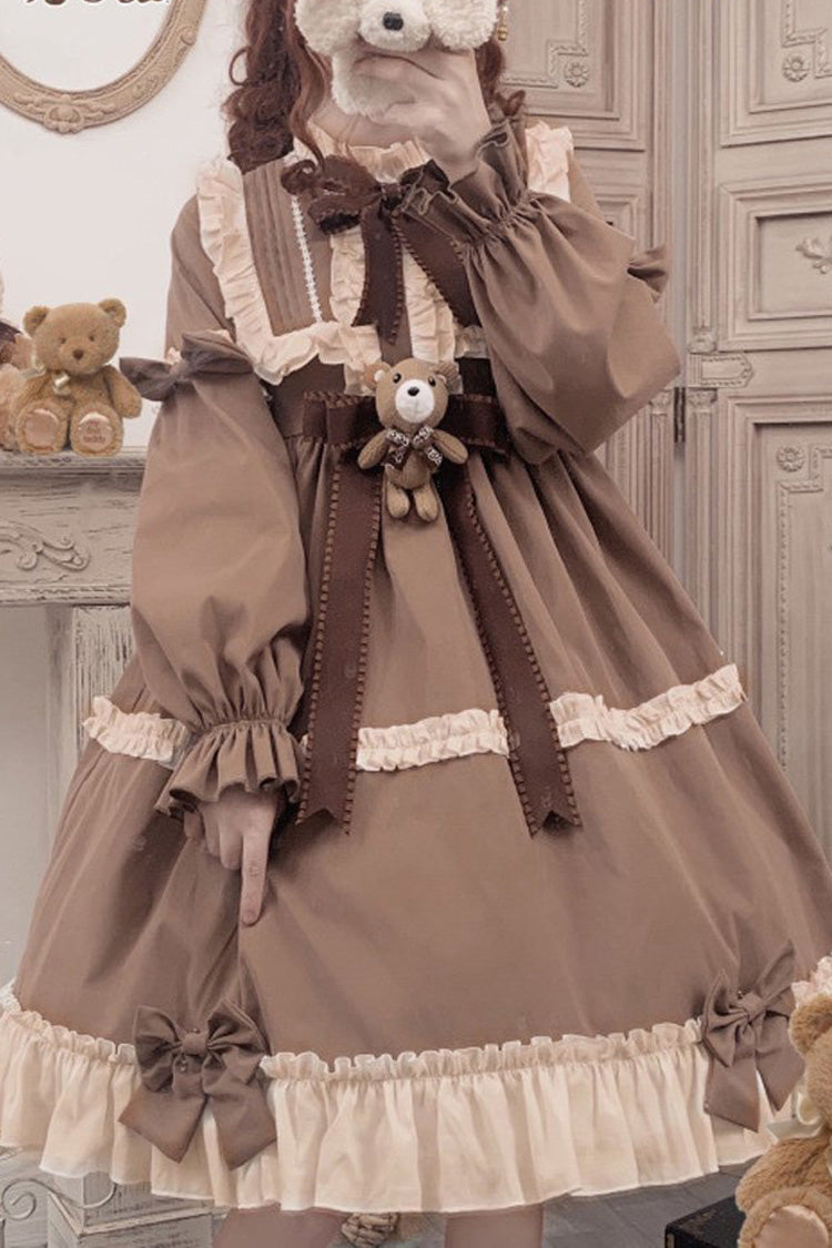 Brown Sweet Lolita OP Dress with Teddy Bear Print and Round Collar - Altfashion Shop