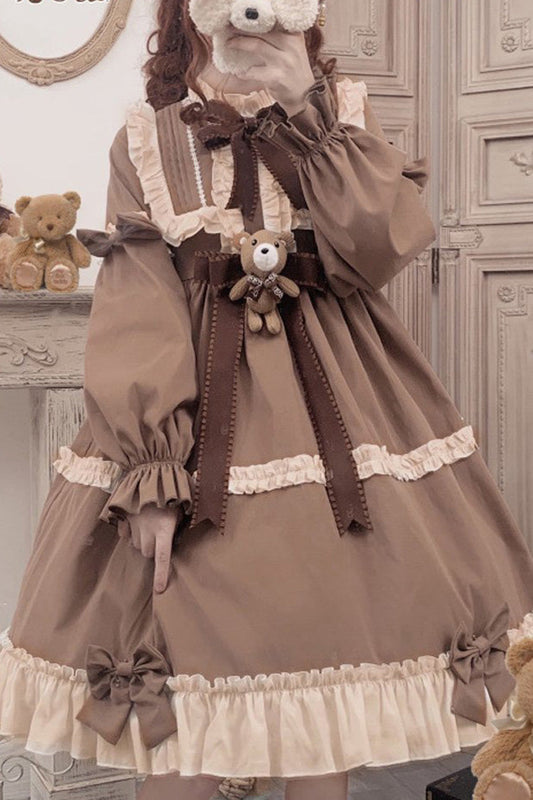 Brown Sweet Lolita OP Dress with Teddy Bear Print and Round Collar - Altfashion Shop