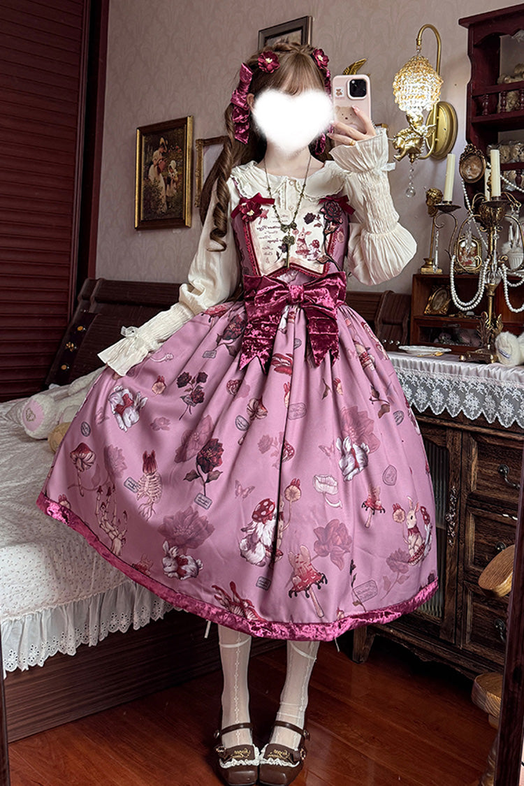 Sleeveless Rabbit Sunflower Print Ruffle Embroidery Bow Sweet JSK Dress Long in Red