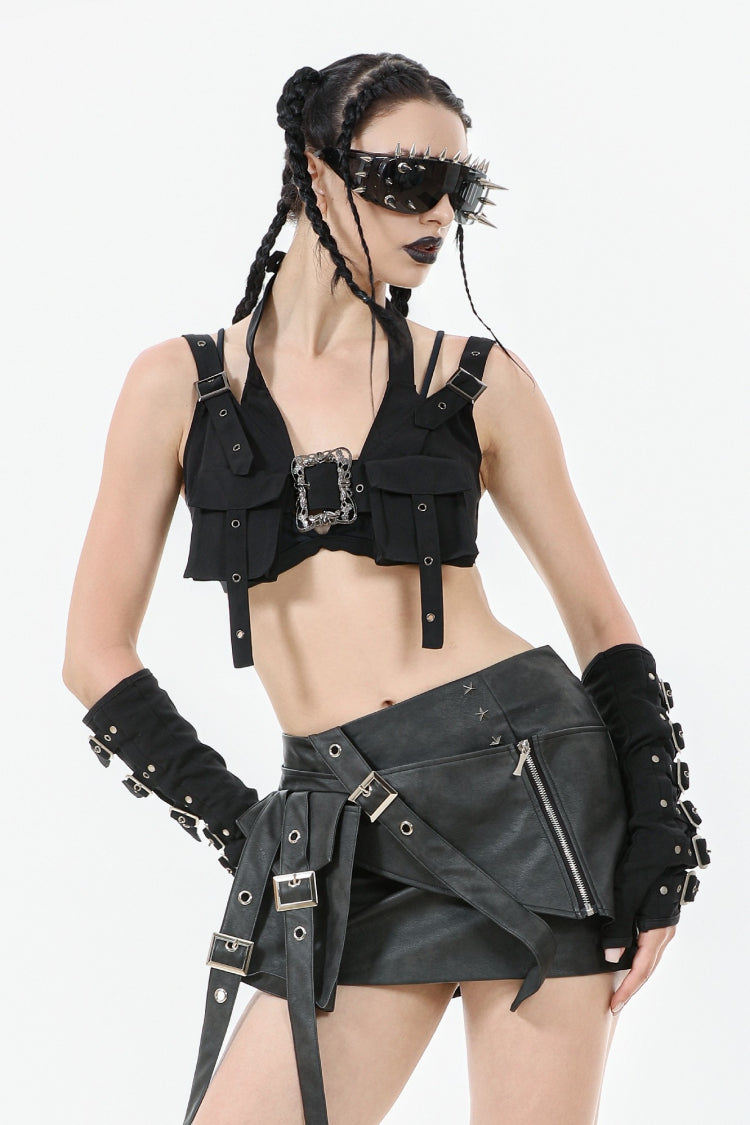 Functional Black Buckled Halter Punk Utility Vest