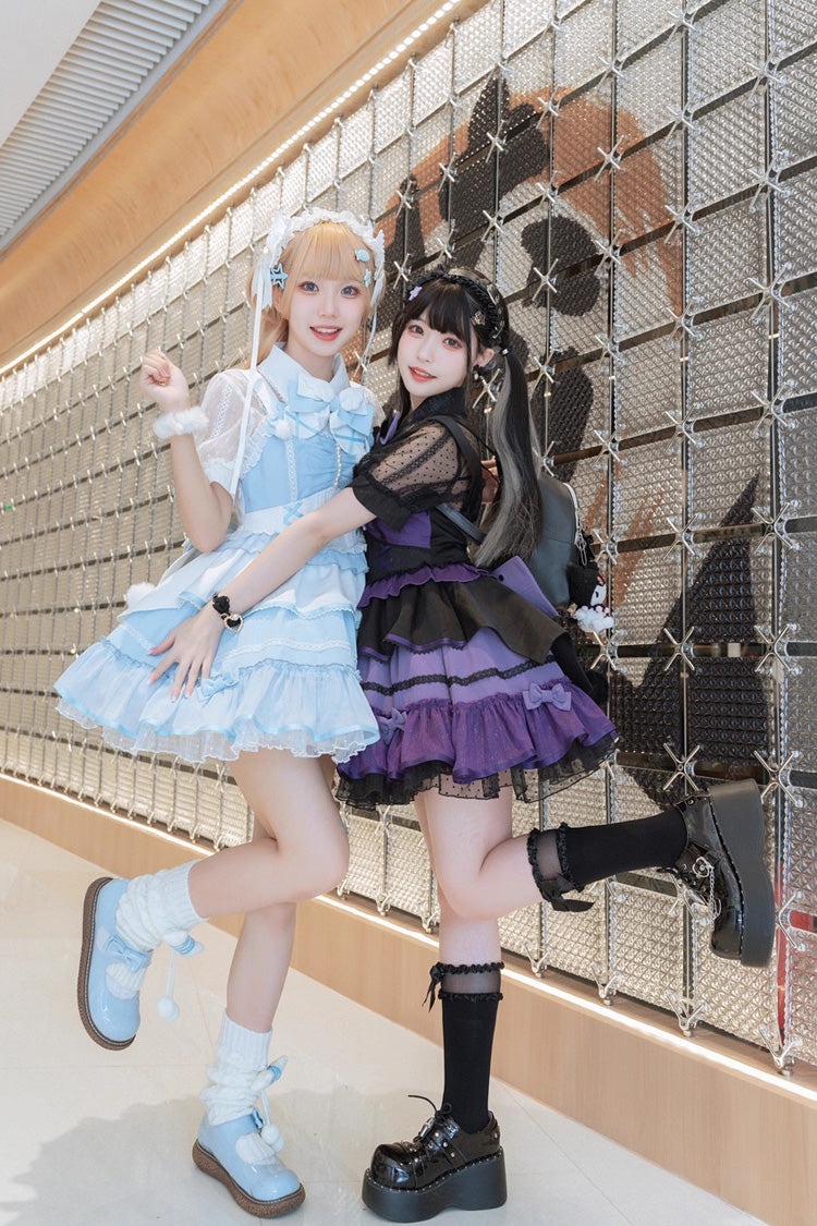 Blue/White Cotton Cloud Lapel Collar Ruffle Ribbon Lace-Up Girly Lolita JSK Dress
