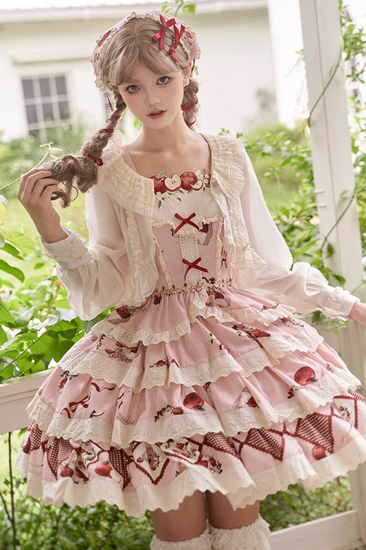 Pink Triple-Layer Print Ruffle Embroidered Short Skirt - Apple Orchard