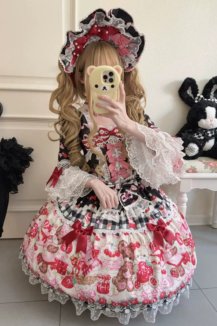 Black/Red Sweet Lolita OP Dress Half Sleeves Bow Lace Lace-Up - Sweet Berry Bunny Bear