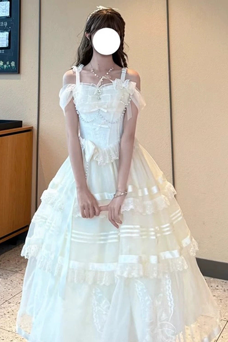 Apricot Elegant Princess Lolita JSK Dress with Triple-Layer Jacquard Ruffles Bowknot and Lace