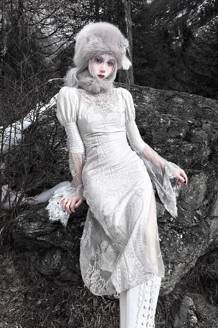 Silver High-Waisted V-Neck Long Sleeve Lace Ruffle Gothic Fishtail Dress - The Call of the Snow Country