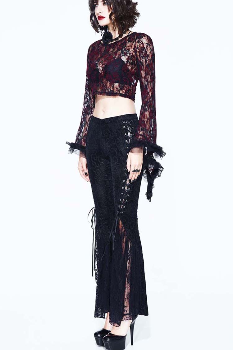 Lace-Up Flared Velveteen Gothic Pants with Pattern