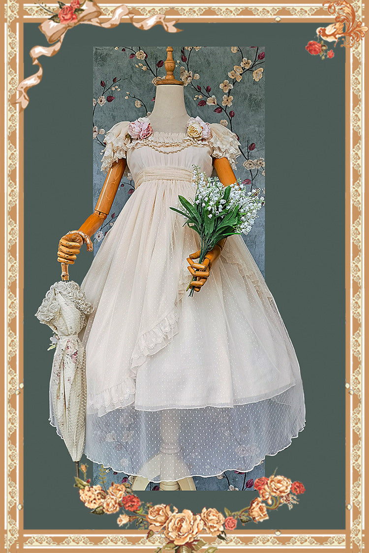 Apricot Elegant Lolita Dress with Polka Dot Print Ruffles Bowknot and Asymmetric Sweet Style