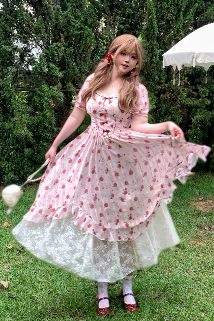 Rose-Printed Square-Collar Ruffled High-Waist Sweet Jumper Dress in Blush Pink