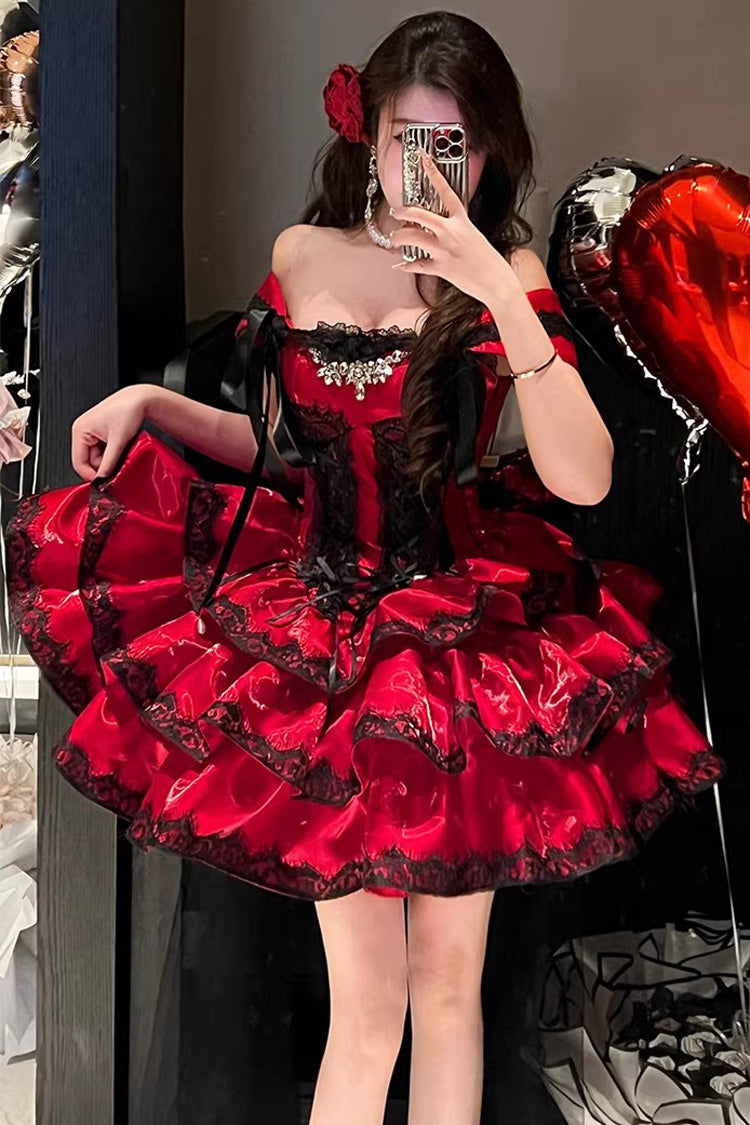 Sweet Lolita JSK Dress with Ruffled Lace and Lace-Up Back - Red