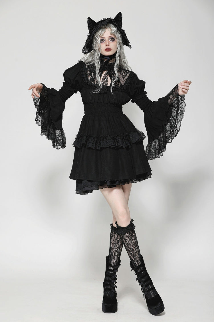 Gothic Victorian-Inspired Black Lace Ruffled High-Neck Puff-Sleeve Cutout Maxi Gown