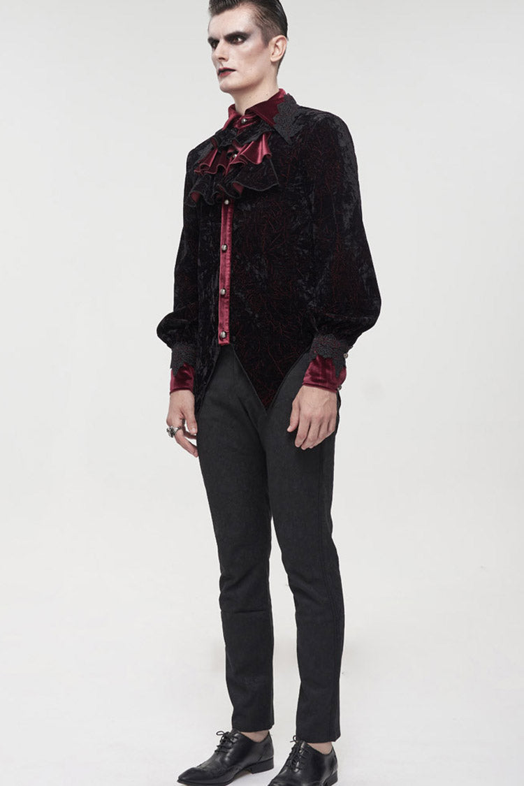 Crimson & Noir Velvet Stand Collar Ruffle Lantern Sleeve Gothic Shirt for Men