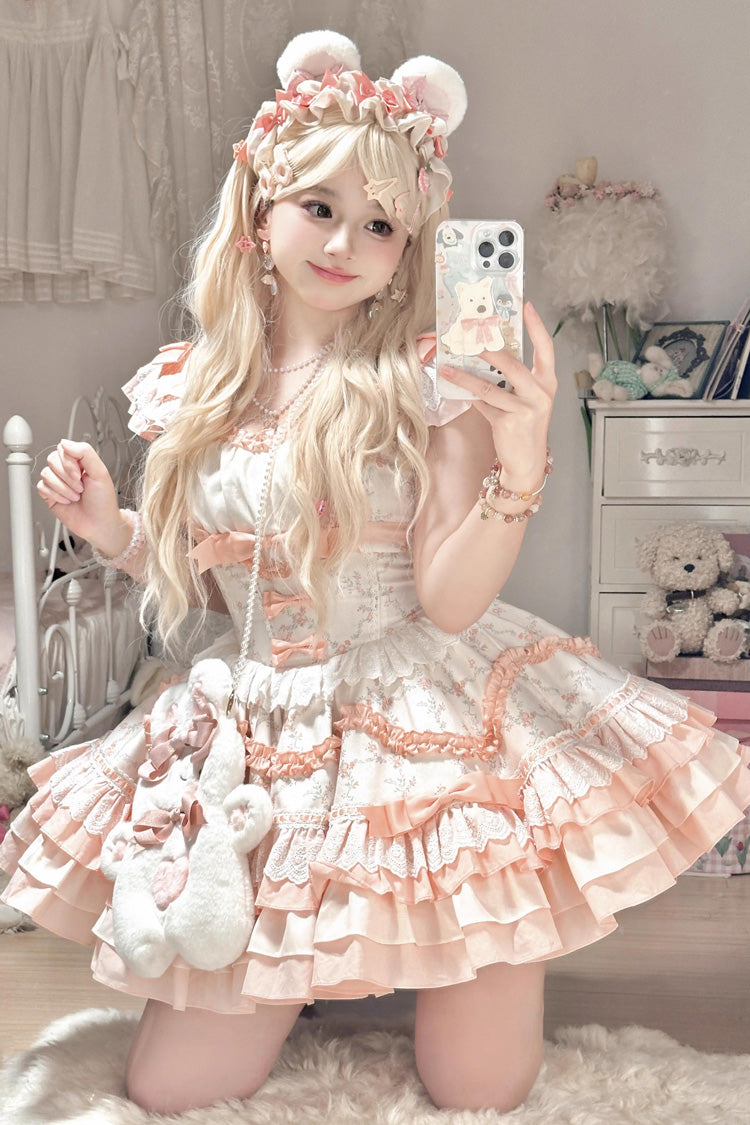 Floral Printed Multi-Layer Lace Sweet Lolita Tiered Dress - Ruffled Bowknot