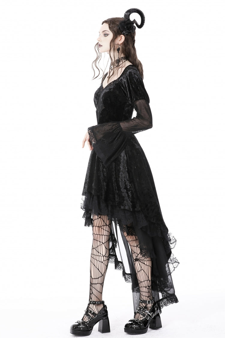 Onyx Velvet Gown with Puffed Sleeves and Asymmetric Lace Trim