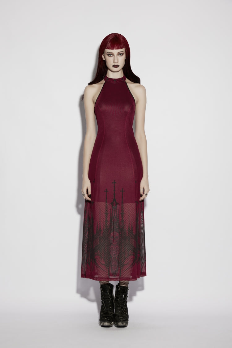 Red Halterneck Sleeveless Double-Layer Church Skull Printed Lace-Up Slim Gothic Dress