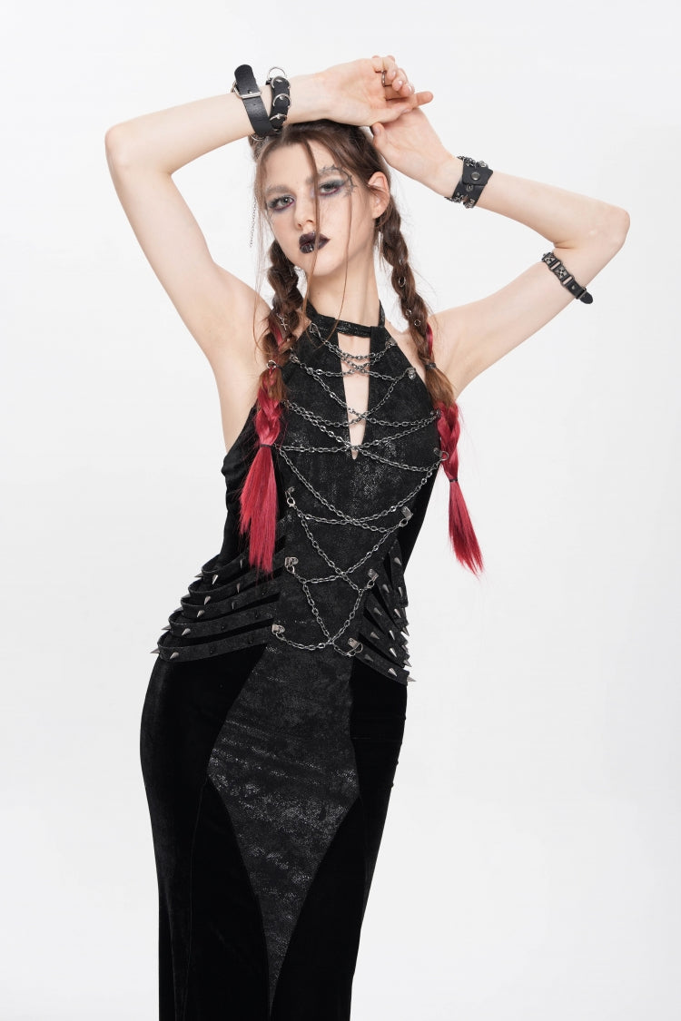 Edgy Black Chain-Strap Sleeveless Rivet Halter Punk Dress