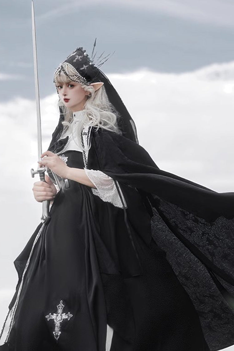 Onyx Stand Collar Off-Shoulder Printed Bow Gown - Cross Nun