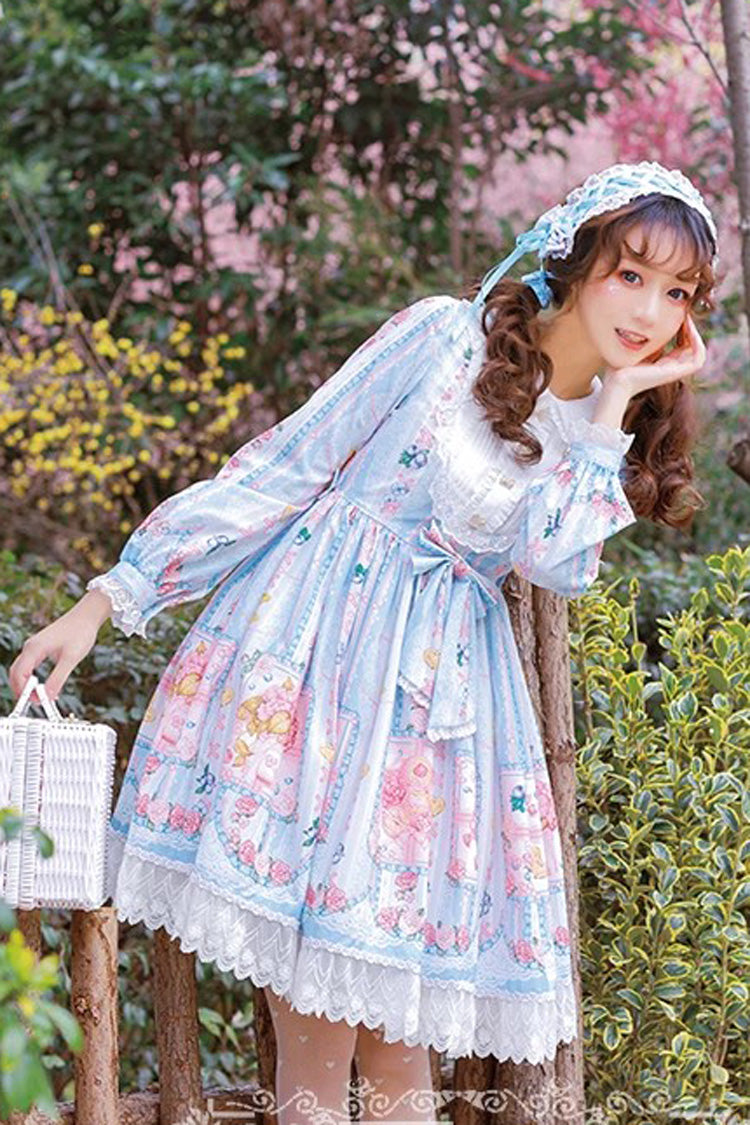 Blueberry Print Long Sleeves Ribbon Girly Princess Lolita Dress - 4 Shades