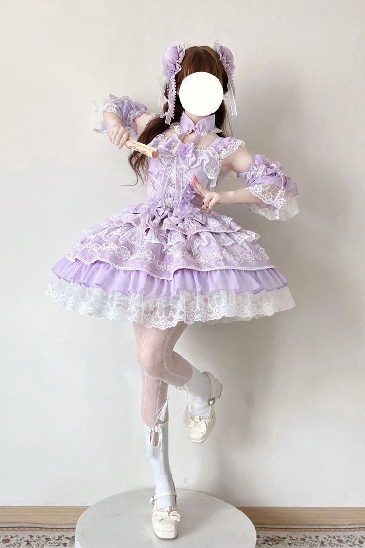 Violet Peach Rain Sleeveless Tiered Bow Lace Chinese Lolita JSK