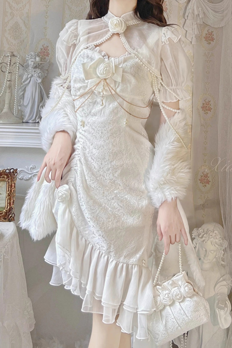 Camellia 2.0 White Sleeveless Jacquard Asymmetric Lace Sweet Fishtail JSK Dress