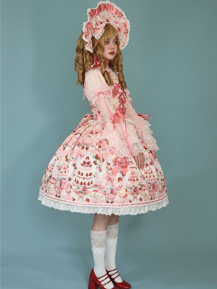 JSK Set Full Accents Print Pink Desserts Lolita Bow Sweet and / Strawberry