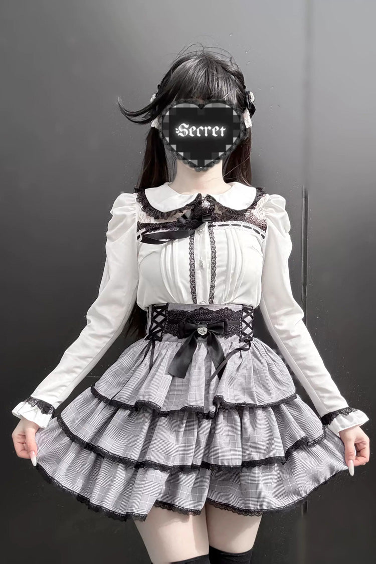 Doll Collar Triple Layered Ruffled Bow Lace Jirai Skirt and Blouse Set in Two Colors