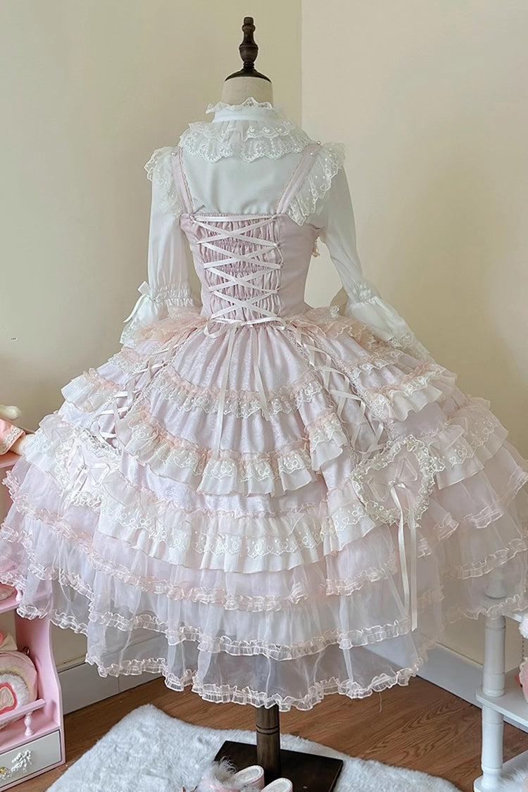 Pink Multi-Layered Ruffled Hanayome Embroidered Bow Lace Sweet JSK - Sweetheart Diary