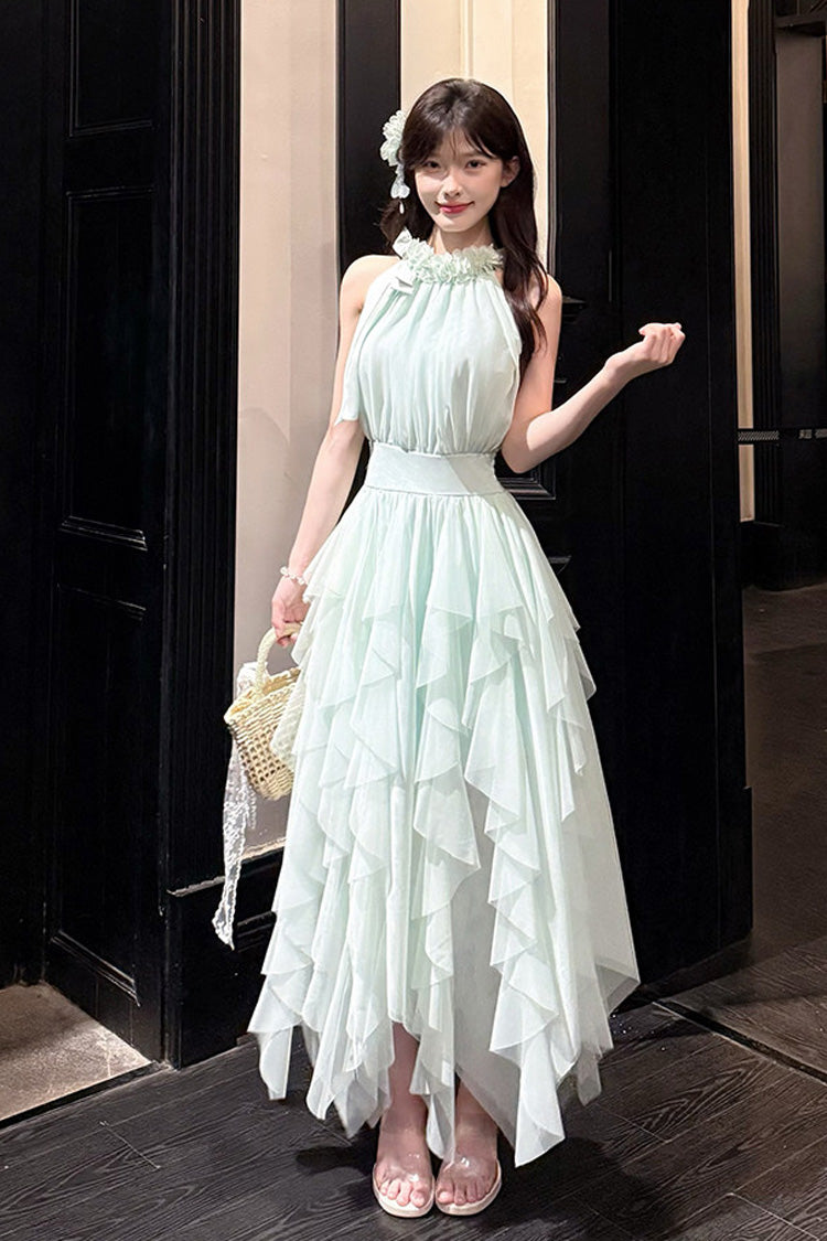 Green Halterneck Ruffled Irregular Sweet Dress