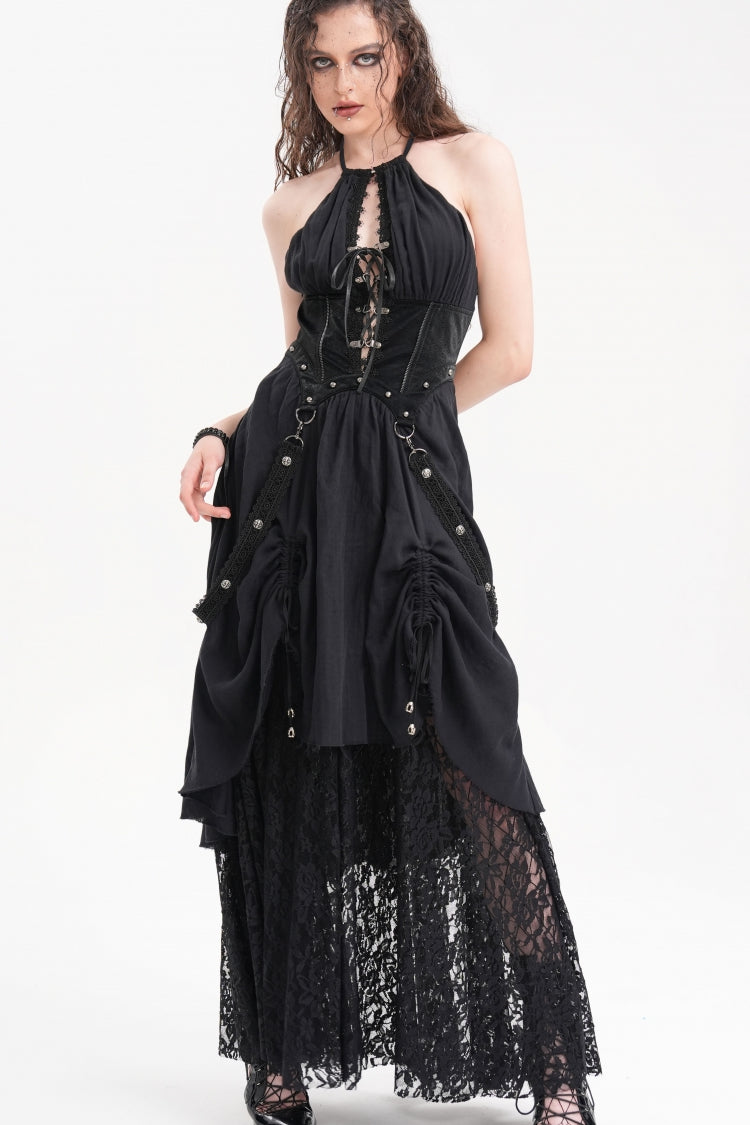 Alluring Black Hollow Lace Halter Gothic Strap Maxi Gown