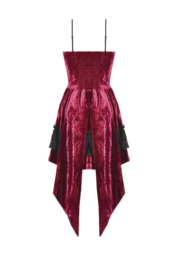Wine Red Corset Lace-Up Velvet Irregular Tail Lolita Gothic Mini Dress