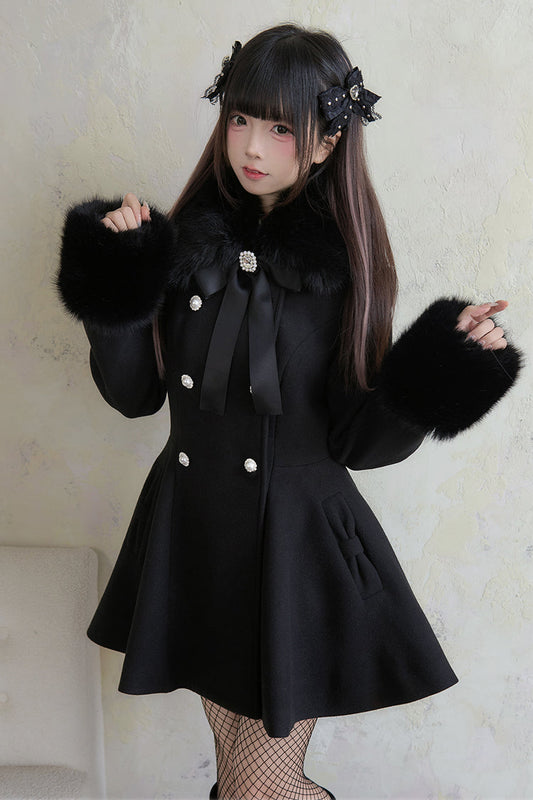 Japanese Sweet Lolita Coat with Double-Breasted Front & Bowknot, Long Sleeves