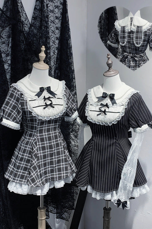 Moonlight Rabbit Ears Doll Collar Short Sleeve Printed Ruffled Lace Gothic Dress Set