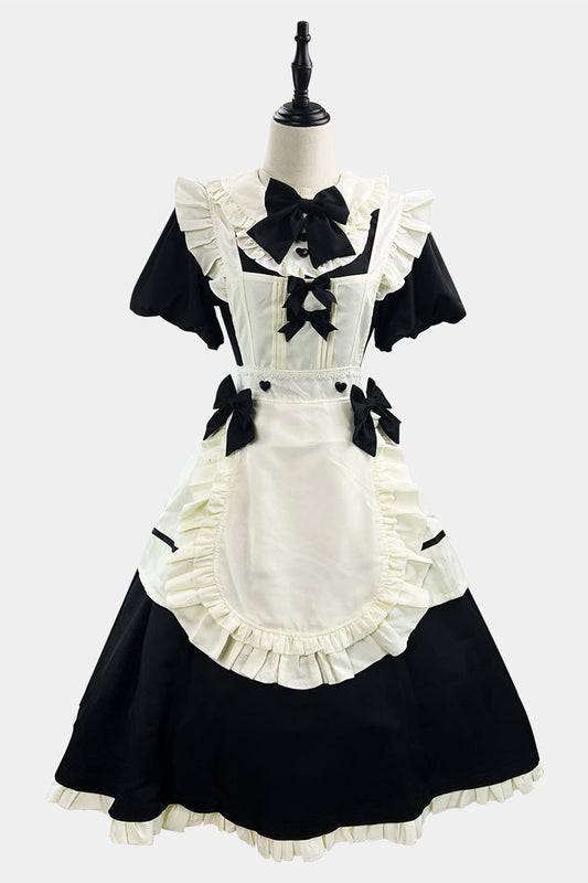 Black/White Long Sleeve Ruffled Bow Lace Plus Size Maid Dress