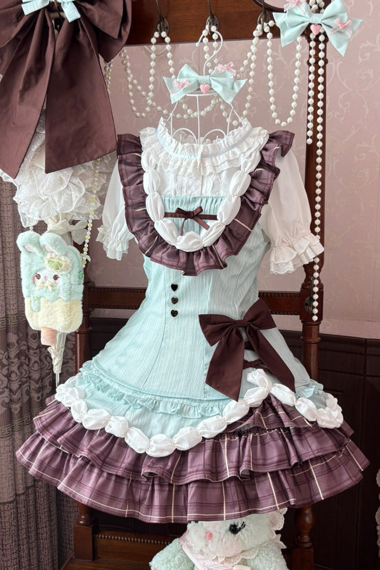 Green Brown Creamy Thin Chocolate Sleeveless Multi-Tiered Printed Ruffled Bow Asymmetric Sweet Lolita Jumper Dress