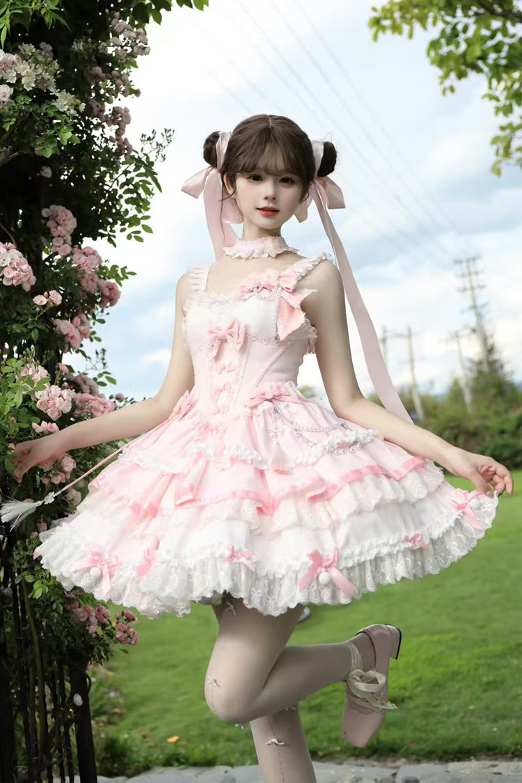 Pink Prelude of Spring Cherry Square Collar Sleeveless Jacquard Lace JSK