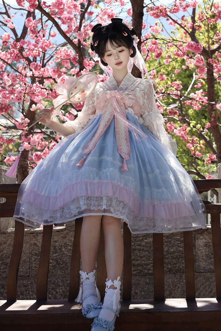 Peach Blossoms in Spring Fields Sweet Chinese Lolita JSK with Ruffles