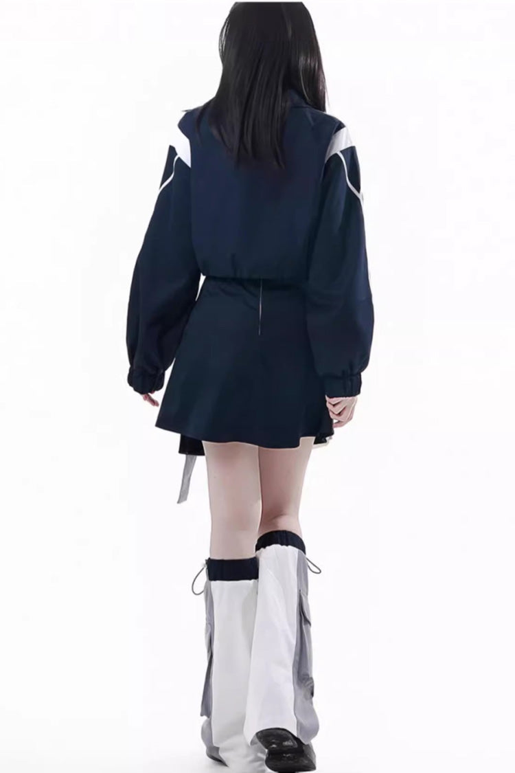Blue/White Message Overload Techwear Long Sleeves Embroidered Asymmetric Zippered Jirai Kei Dress & Coat Set