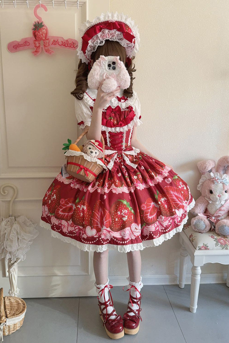 Strawberry Print Ruffled Bow Lace Sweet Lolita JSK