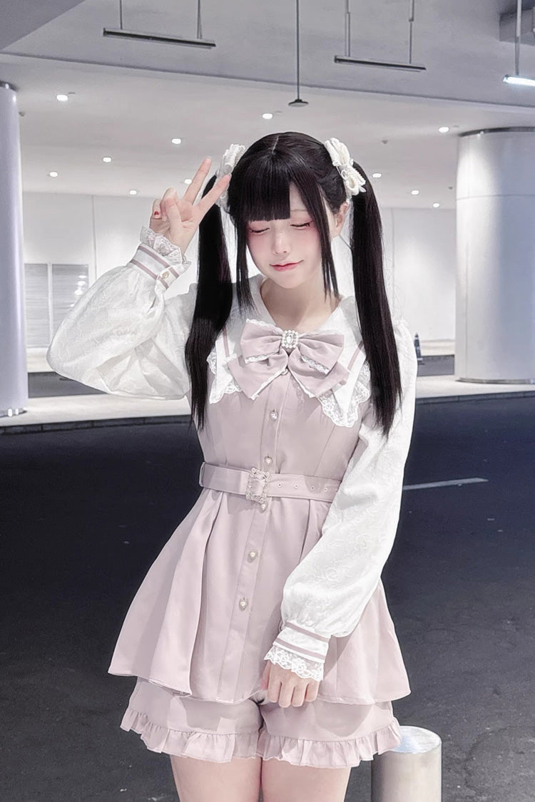 Confession Fantasy Lapel Collar Printed Ruffled Bow Japanese Dress Shorts