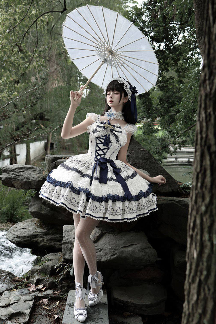 Mandarin Duck Rhapsody Sleeveless Porcelain Printed Ruffled Bow Chinese JSK