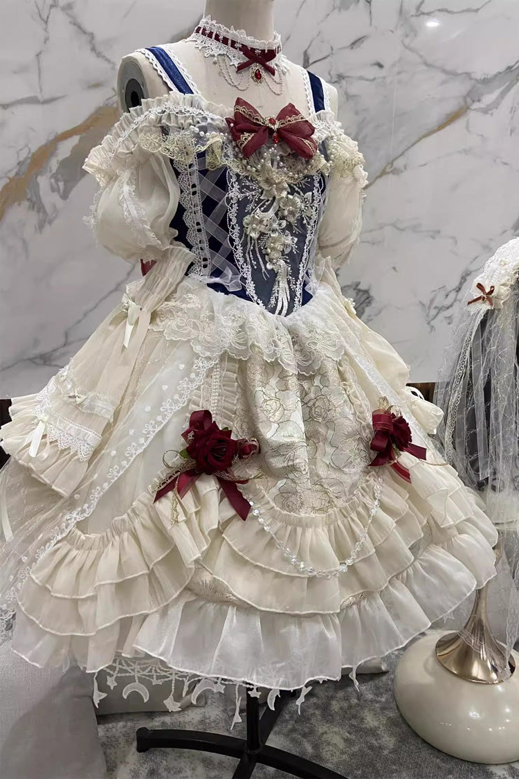 Blue and Ivory Off-Shoulder Lolita Dress with Ruffle and Bowknot Sweet Style