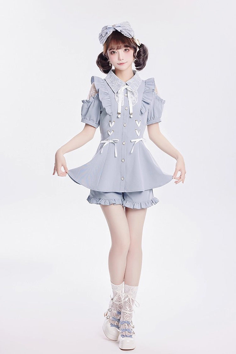 [Alice of Wednesday] Sweet Off Shoulder Short Sleeves Ruffle Bowknot Lace-Up Japanese Jirai Kei Dress Shorts Set 3 Colors