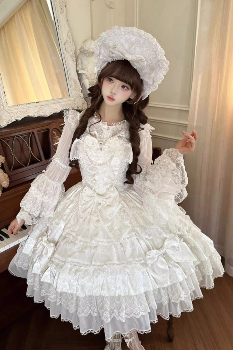 Ivory Casual Lolita Dress with Ruffles and Pearl Veil - Dream-Sinking Pearl Veil