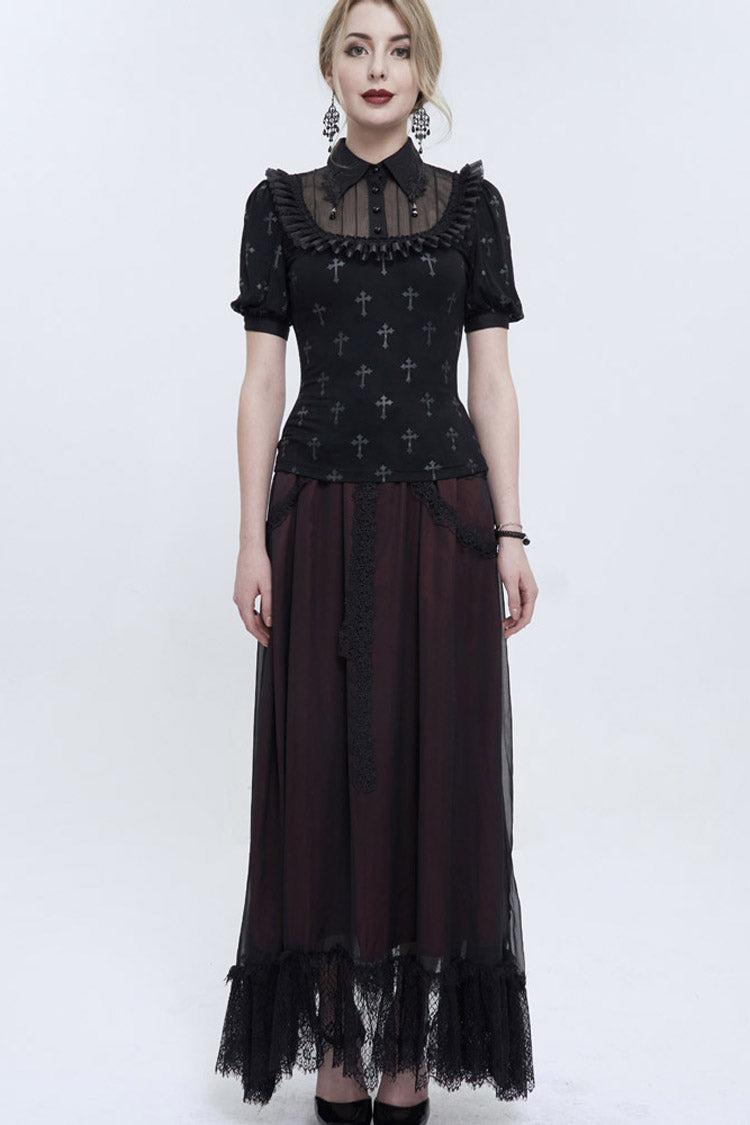 Punk Shirt with Cross Print Lace Collar Strap Pendant Chest Panel
