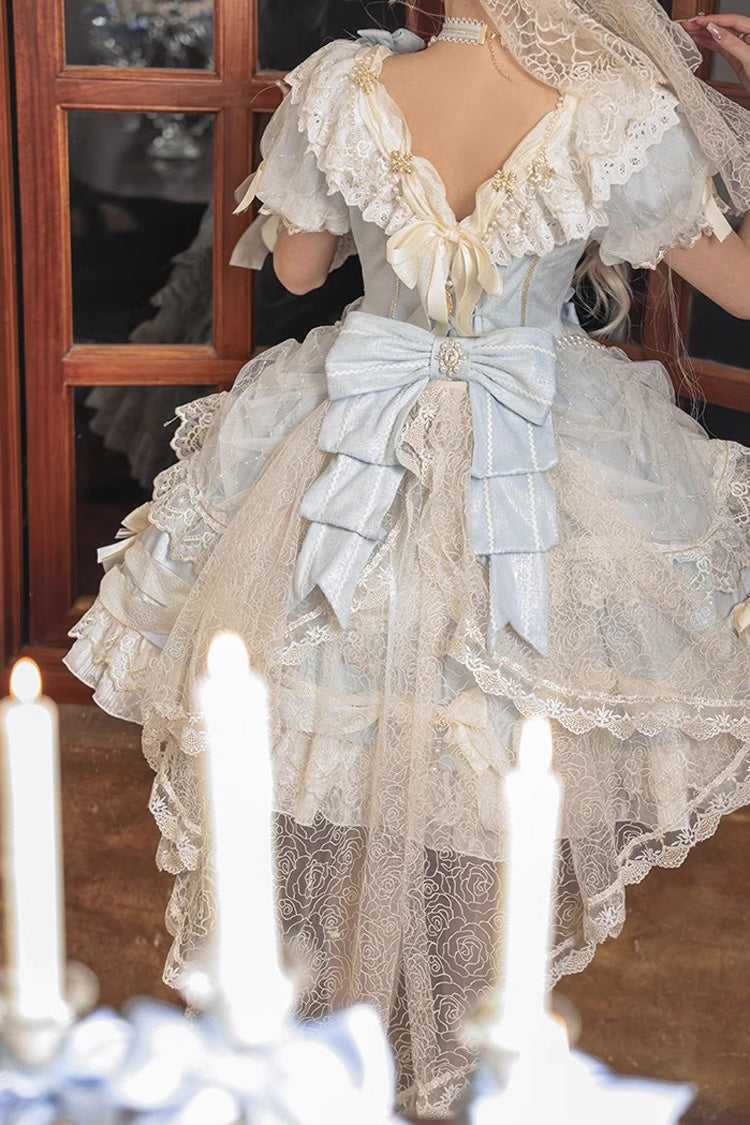 Light Blue Short Sleeve Layered Lace Sweet Dress - Girls' Day