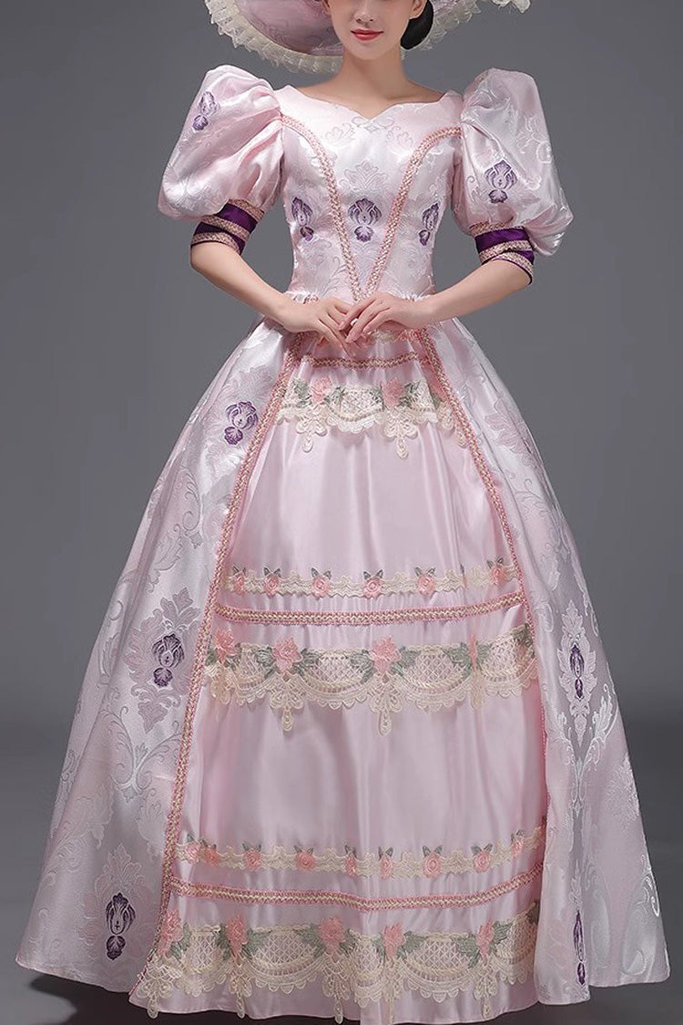 Pink Vintage Princess Dress with Embroidered Short Sleeves