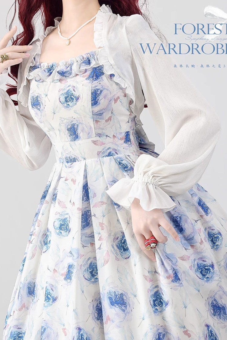 Cerulean and Ivory Rose Print Bow Sweet Elegant Lolita JSK Dress - Forest Basket Edition